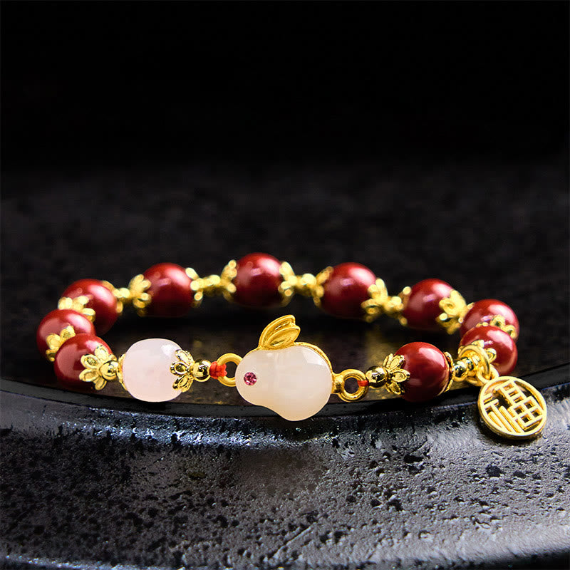 Buddha Stones Cinnabar Cute Rabbit Bunny Fu Character Charm Blessing Bracelet - Cinnabar(Wrist Circumference 14-16cm) - image 0