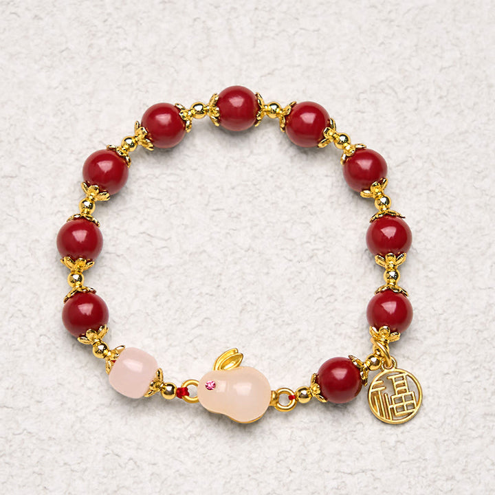 Buddha Stones Cinnabar Cute Rabbit Bunny Fu Character Charm Blessing Bracelet - image 5
