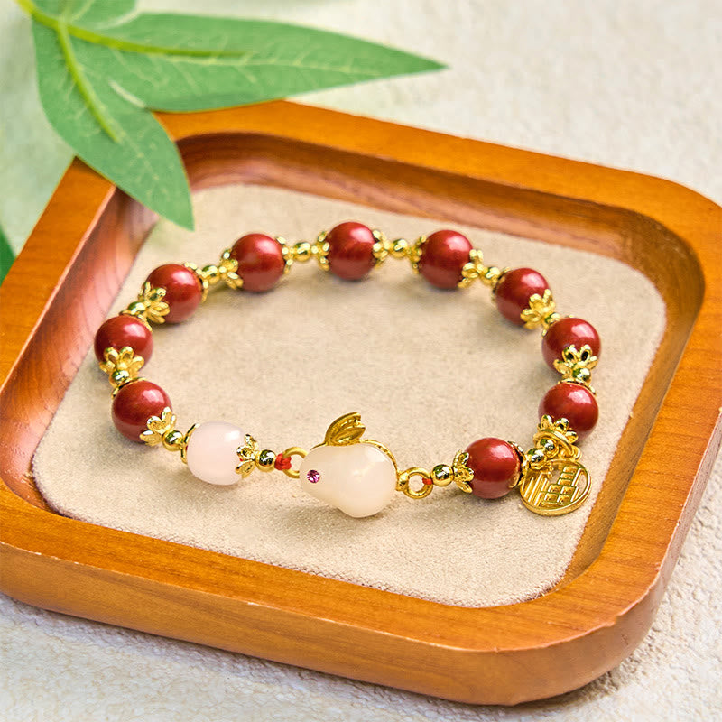 Buddha Stones Cinnabar Cute Rabbit Bunny Fu Character Charm Blessing Bracelet - image 4