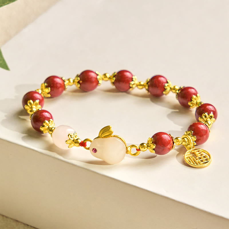 Buddha Stones Cinnabar Cute Rabbit Bunny Fu Character Charm Blessing Bracelet - image 2