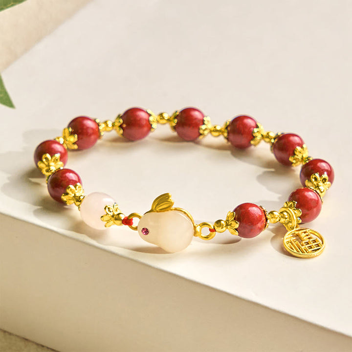 Buddha Stones Cinnabar Cute Rabbit Bunny Fu Character Charm Blessing Bracelet - image 2
