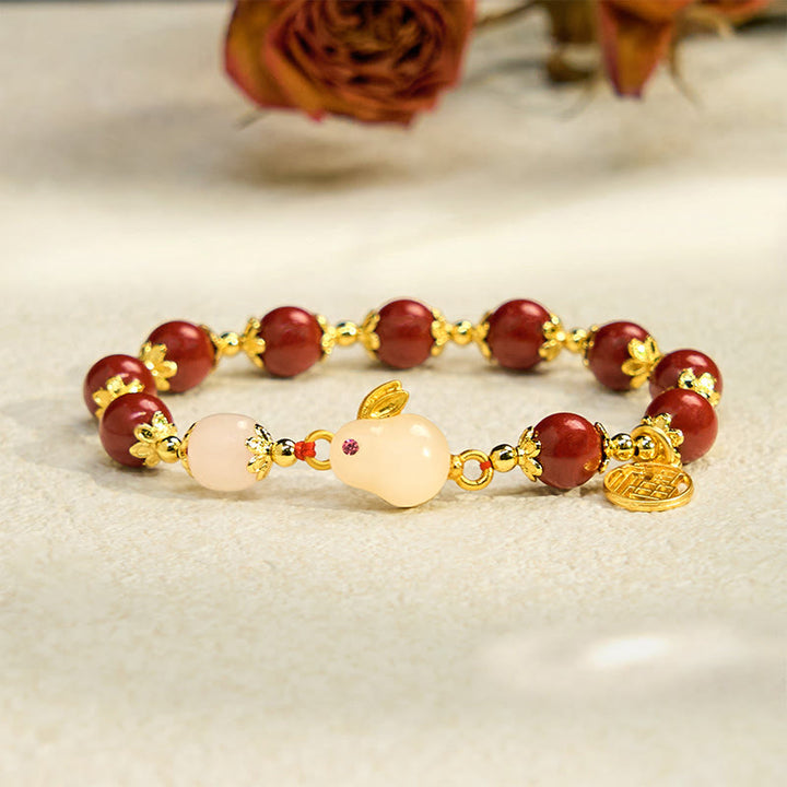 Buddha Stones Cinnabar Cute Rabbit Bunny Fu Character Charm Blessing Bracelet - image 1