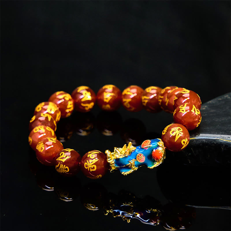 Buddha Stones Red Agate Color Change PiXiu Om Mani Padme Hum Calm Bracelet - image 0