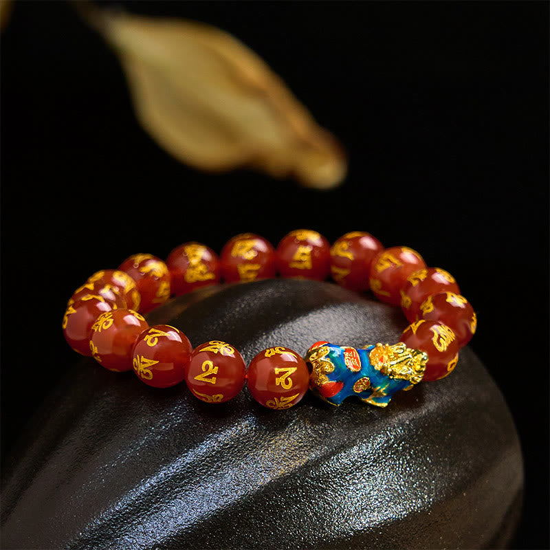 Buddha Stones Red Agate Color Change PiXiu Om Mani Padme Hum Calm Bracelet - image 1