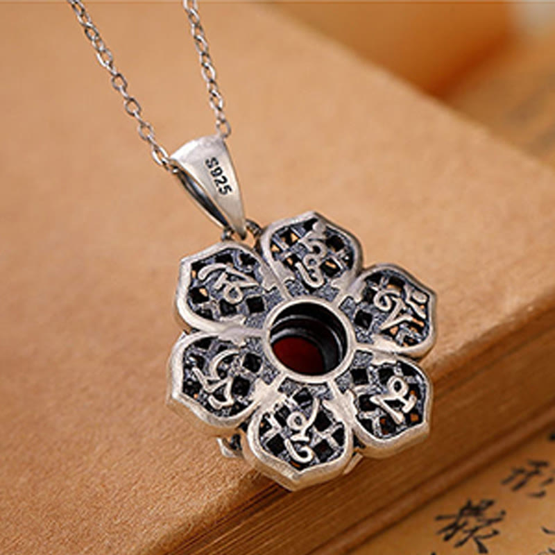Buddha Stones Tibetan Om Mani Padme Hum Lotus Pattern Red Agate Copper Peace Necklace Pendant - image 3