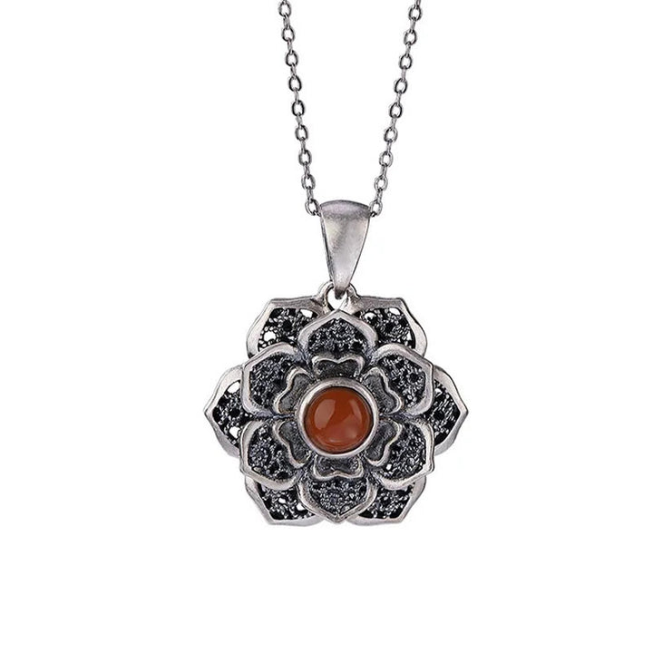 Buddha Stones Tibetan Om Mani Padme Hum Lotus Pattern Red Agate Copper Peace Necklace Pendant - image 10