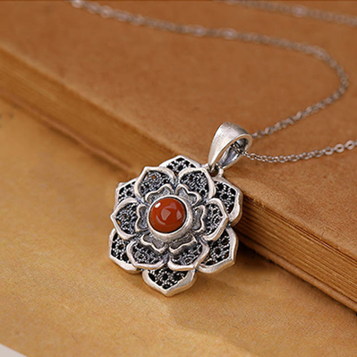 Buddha Stones Tibetan Om Mani Padme Hum Lotus Pattern Red Agate Copper Peace Necklace Pendant - image 9