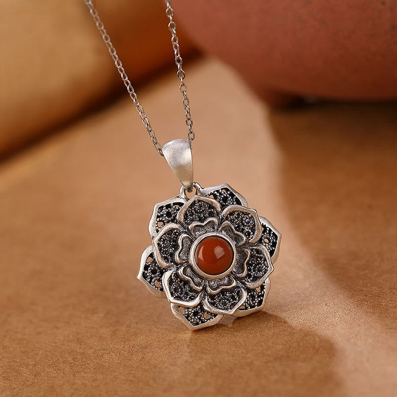 Buddha Stones Tibetan Om Mani Padme Hum Lotus Pattern Red Agate Copper Peace Necklace Pendant - image 1
