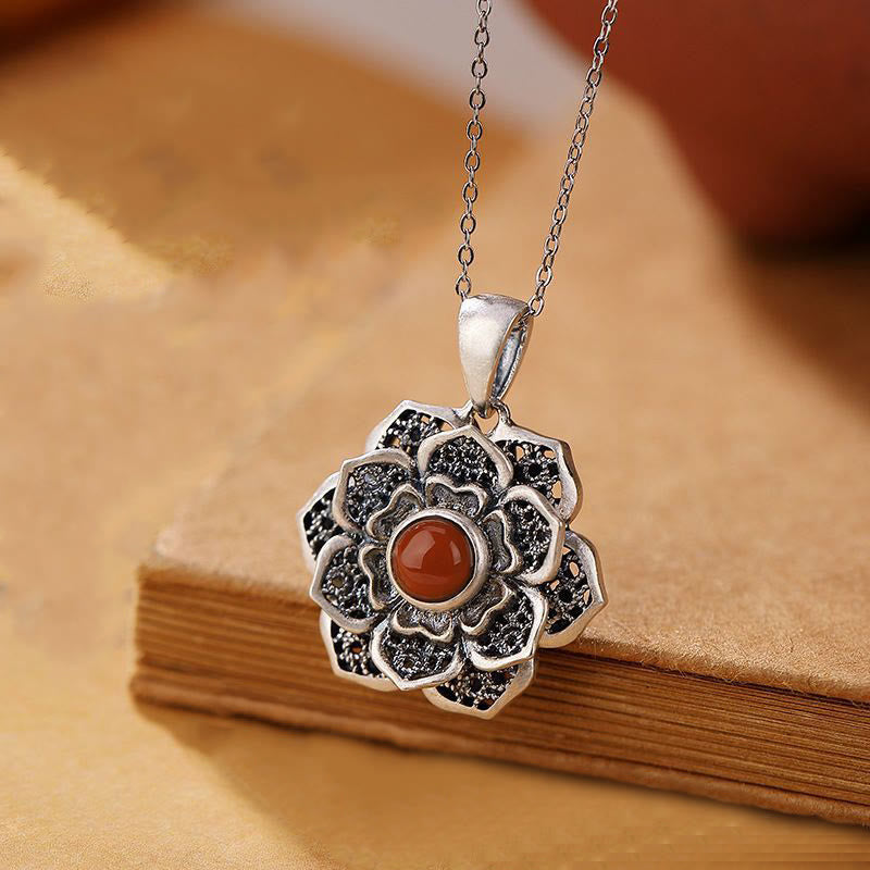 Buddha Stones Tibetan Om Mani Padme Hum Lotus Pattern Red Agate Copper Peace Necklace Pendant - Om Mani Padme Hum & Lotus - image 0