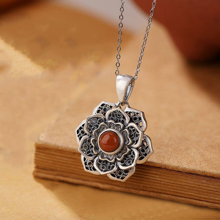 Buddha Stones Tibetan Om Mani Padme Hum Lotus Pattern Red Agate Copper Peace Necklace Pendant - Om Mani Padme Hum & Lotus - image 0