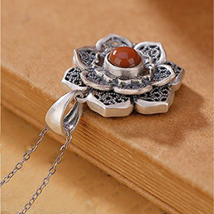 Buddha Stones Tibetan Om Mani Padme Hum Lotus Pattern Red Agate Copper Peace Necklace Pendant - image 2