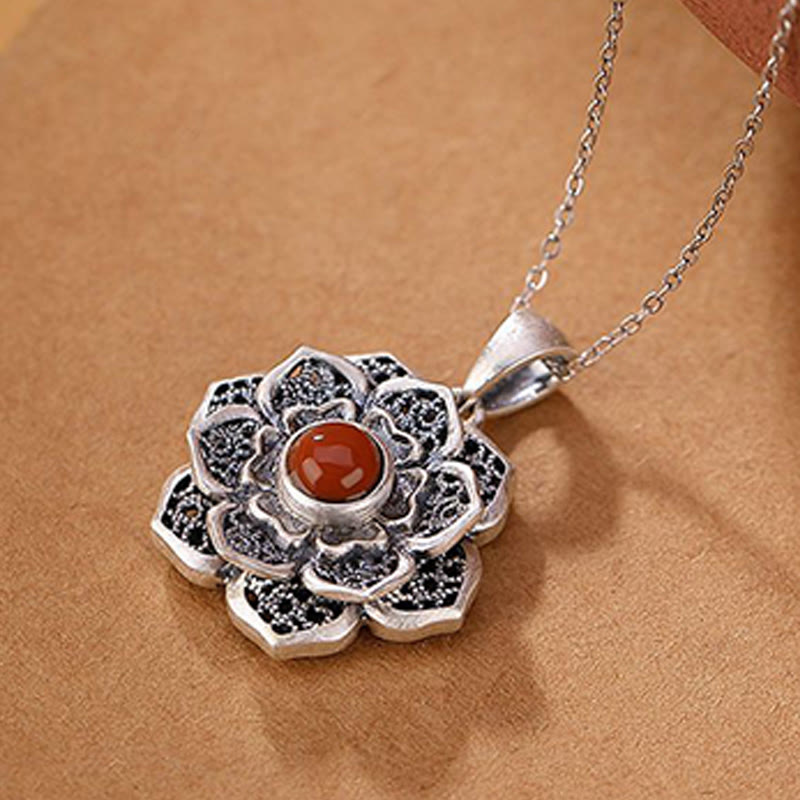 Buddha Stones Tibetan Om Mani Padme Hum Lotus Pattern Red Agate Copper Peace Necklace Pendant - image 8
