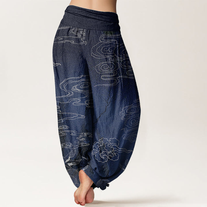 Buddha Stones Pure Cotton White Auspicious Clouds Birds Tree Pattern Women's Elastic Waist Harem Pants - image 2