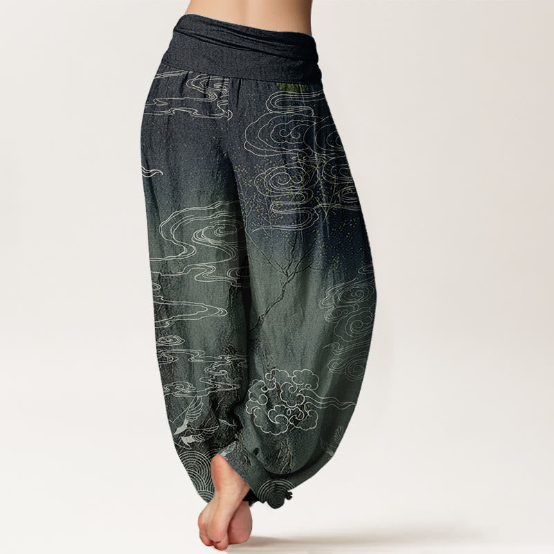 Buddha Stones Pure Cotton White Auspicious Clouds Birds Tree Pattern Women's Elastic Waist Harem Pants - image 8