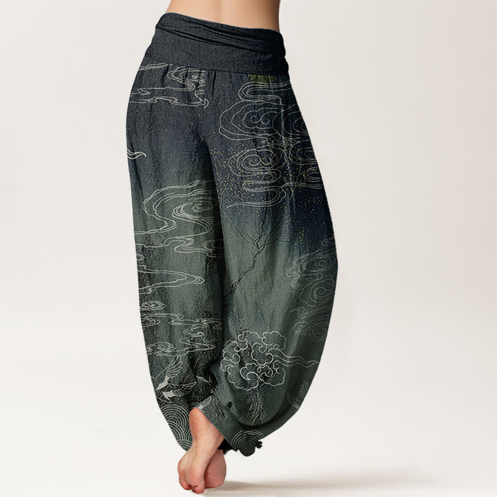 Buddha Stones Pure Cotton White Auspicious Clouds Birds Tree Pattern Women's Elastic Waist Harem Pants - image 8