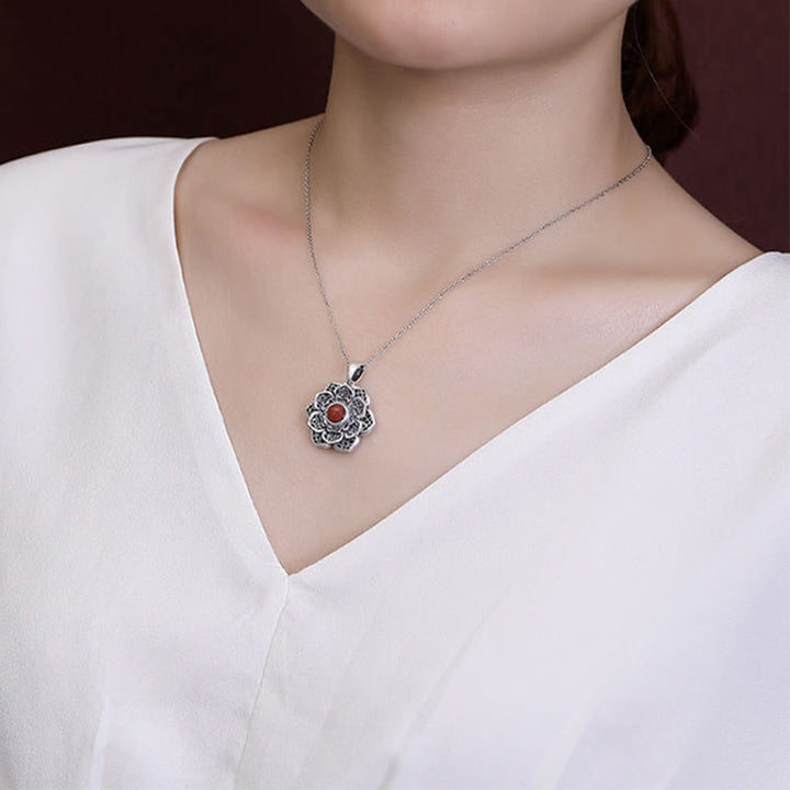 Buddha Stones Tibetan Om Mani Padme Hum Lotus Pattern Red Agate Copper Peace Necklace Pendant - image 4