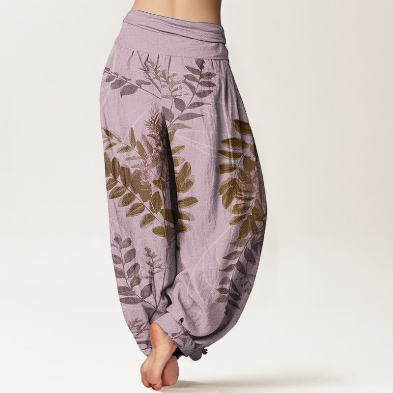 Buddha Stones Pure Cotton Green Leaves Branches Women's Elastic Waist Harem Pants - image 6