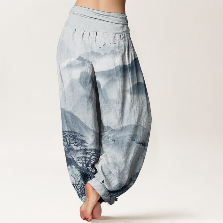 Buddha Stones Pure Cotton Mountains Trees Landscape Ink Painting Women's Elastic Waist Harem Pants - image 7