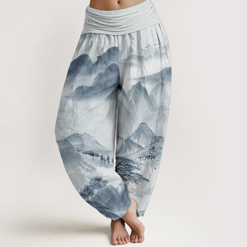 Buddha Stones Pure Cotton Mountains Trees Landscape Ink Painting Women's Elastic Waist Harem Pants - LightBlue - US22，UK/AU26，EU54 (6XL) - image 5