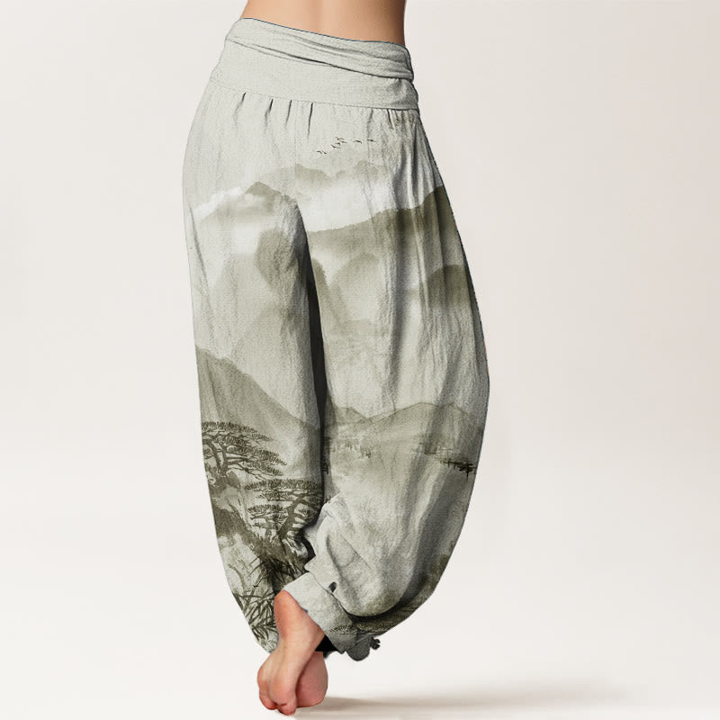 Buddha Stones Pure Cotton Mountains Trees Landscape Ink Painting Women's Elastic Waist Harem Pants - image 10