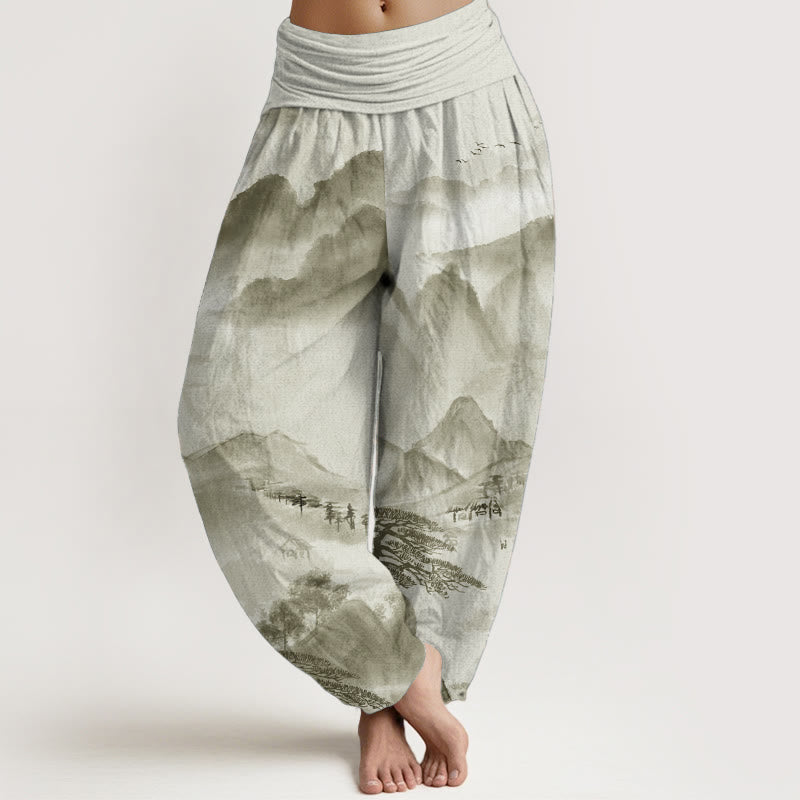 Buddha Stones Pure Cotton Mountains Trees Landscape Ink Painting Women's Elastic Waist Harem Pants - DarkKhaki - US22，UK/AU26，EU54 (6XL) - image 8