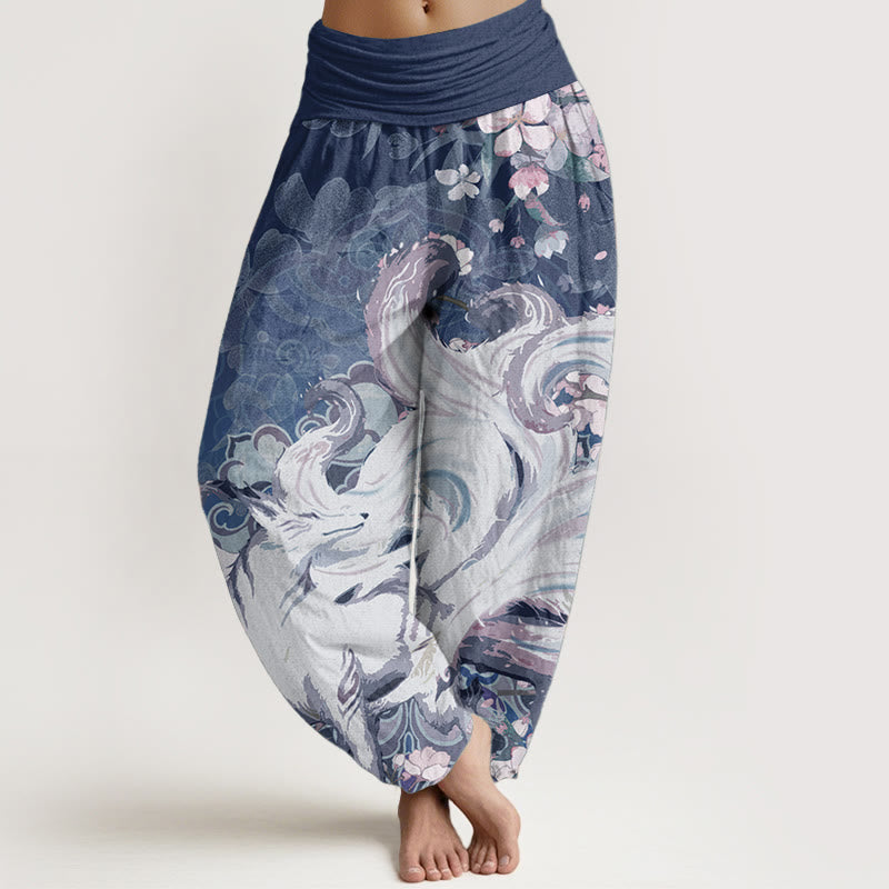 Buddha Stones Pure Cotton Fox Cherry Blossoms Women's Elastic Waist Harem Pants - Navy - US22，UK/AU26，EU54 (6XL) - image 8