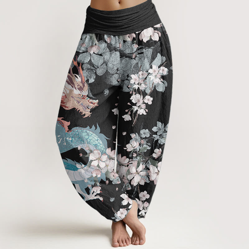 Buddha Stones Pure Cotton Casual Dragon Cherry Blossoms Women's Elastic Waist Harem Pants - Black - US22，UK/AU26，EU54 (6XL) - image 0