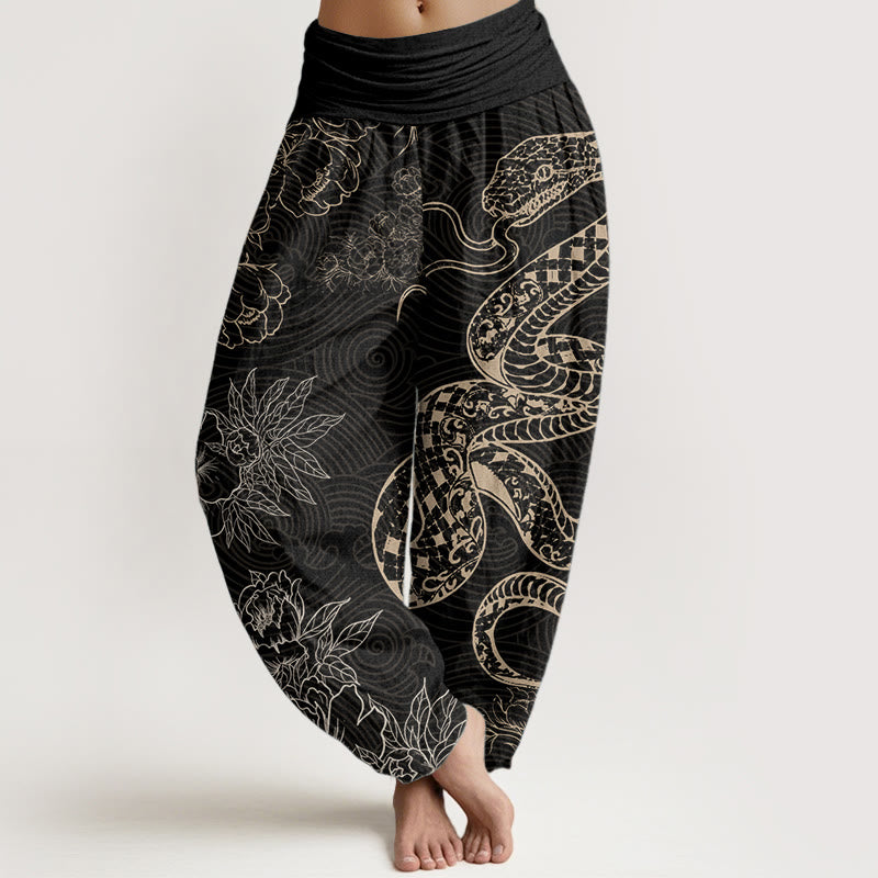 Buddha Stones Pure Cotton Snake Lotus Women's Elastic Waist Harem Pants - Black - US22，UK/AU26，EU54 (6XL) - image 0