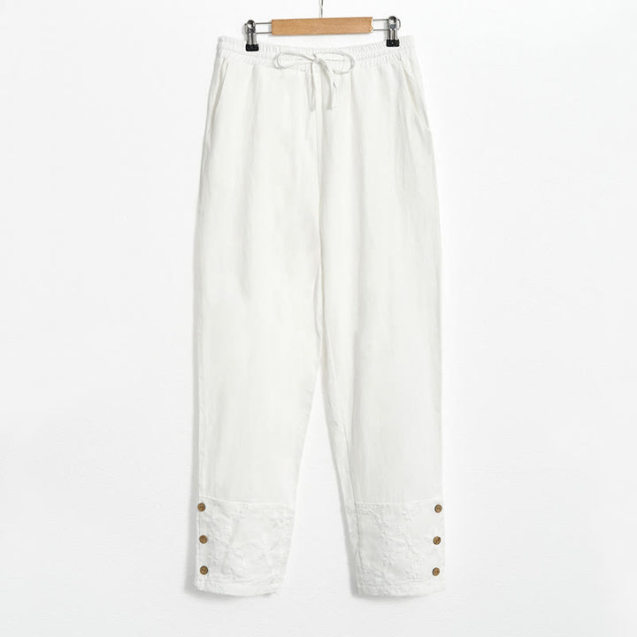 Buddha Stones White Lace Patchwork Design Women's Cotton Linen Pants With Pockets - image 5
