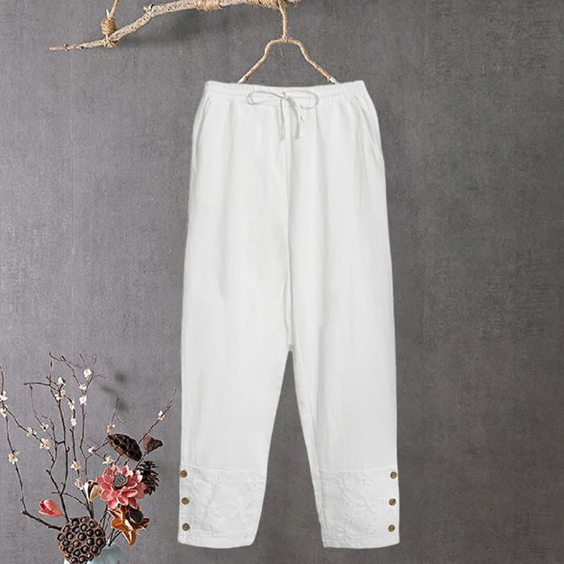 Buddha Stones White Lace Patchwork Design Women's Cotton Linen Pants With Pockets - White - US14，UK/AU18，EU46 (2XL) - image 0