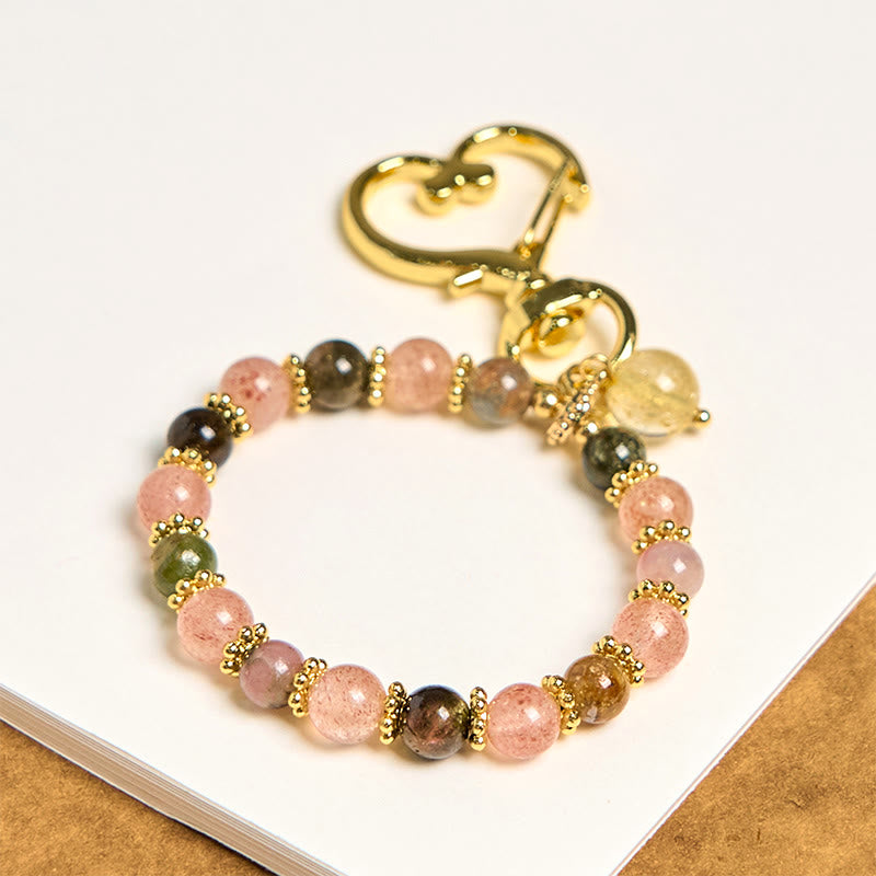 Buddha Stones Natural Strawberry Quartz Crystal Beads Positive Key Chain Phone Hanging Decoration - Strawberry Quartz - image 0