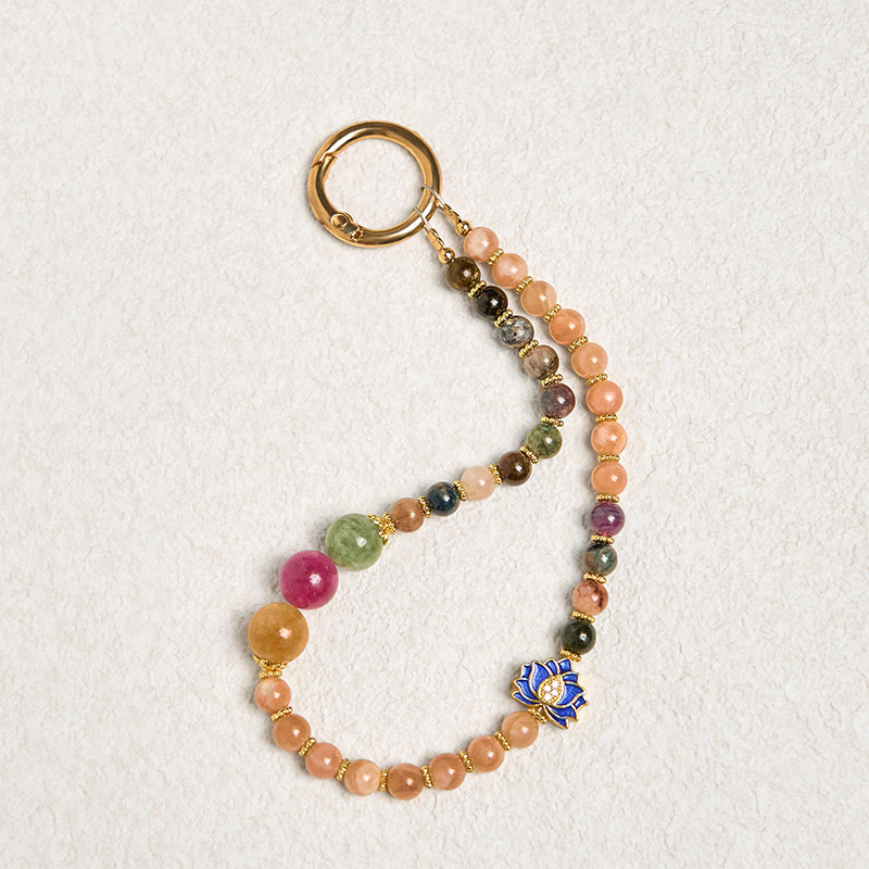 Buddha Stones Tourmaline Sun Stone Lotus Positive Key Chain Phone Hanging Decoration - image 1