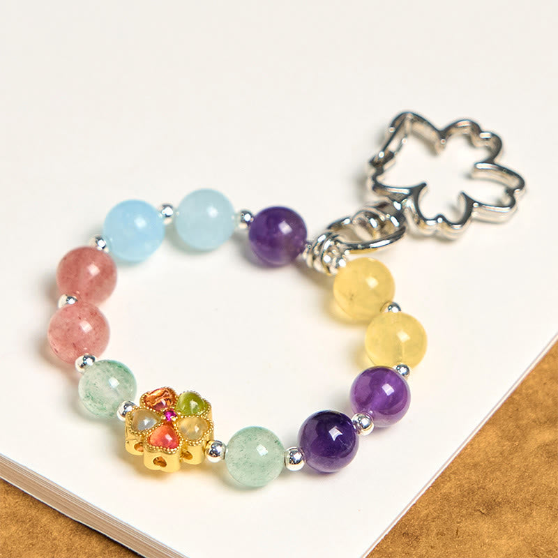 Buddha Stones Natural Strawberry Quartz Amethyst Citrine Aquamarine Flower Key Chain Hanging Decoration - image 1