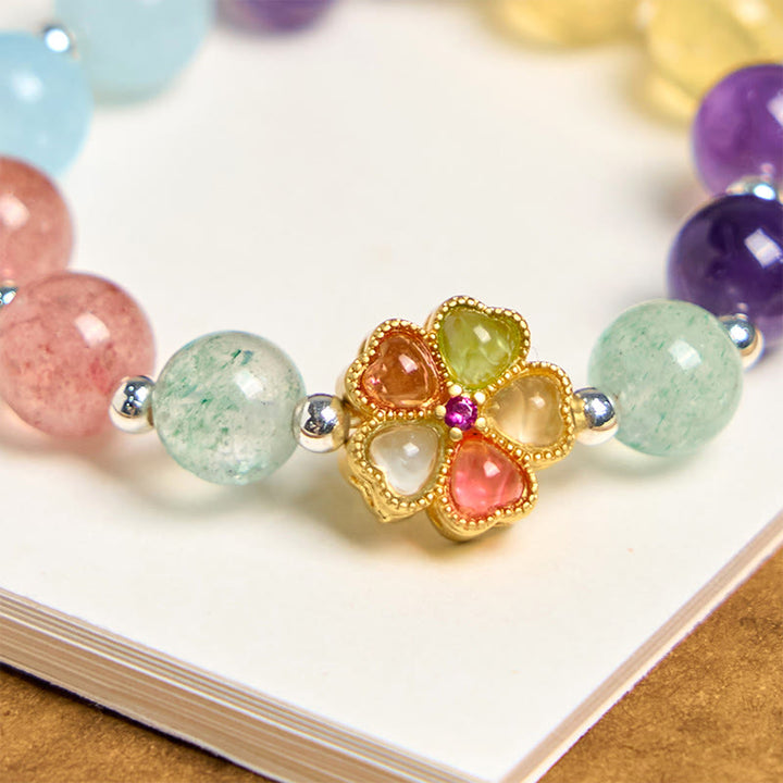 Buddha Stones Natural Strawberry Quartz Amethyst Citrine Aquamarine Flower Key Chain Hanging Decoration - image 3