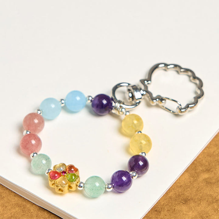 Buddha Stones Natural Strawberry Quartz Amethyst Citrine Aquamarine Flower Key Chain Hanging Decoration - Amethyst Citrine Strawberry Quartz - image 0