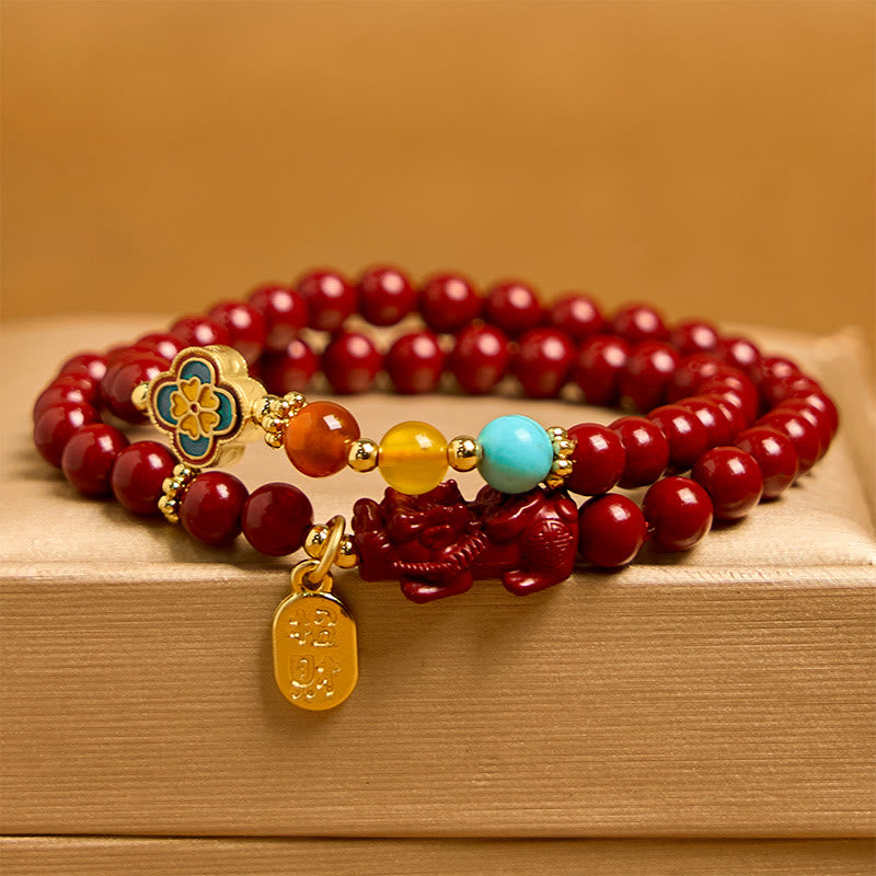 Buddha Stones Cinnabar PiXiu Fu Character Blessing Double Wrap Bracelet - image 1