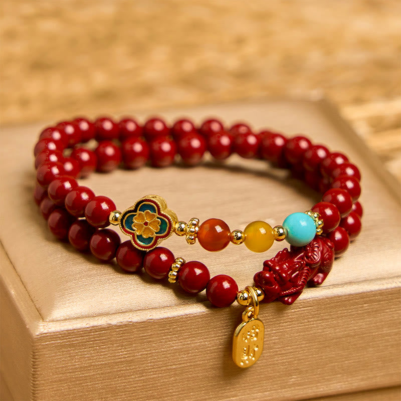 Buddha Stones Cinnabar PiXiu Fu Character Blessing Double Wrap Bracelet - Cinnabar(Wrist Circumference 14-15cm) - image 0
