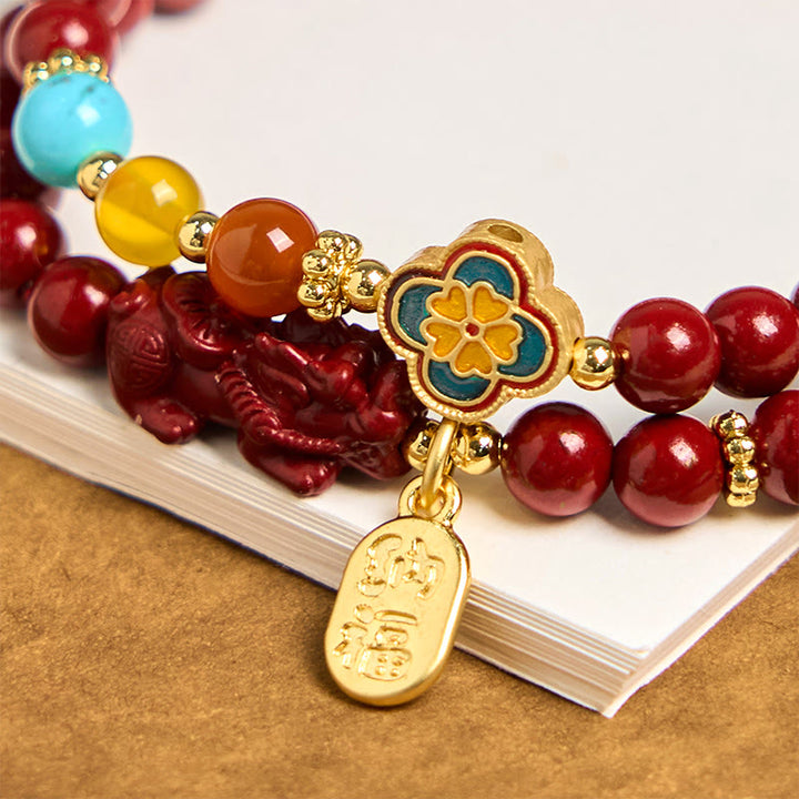 Buddha Stones Cinnabar PiXiu Fu Character Blessing Double Wrap Bracelet - image 4