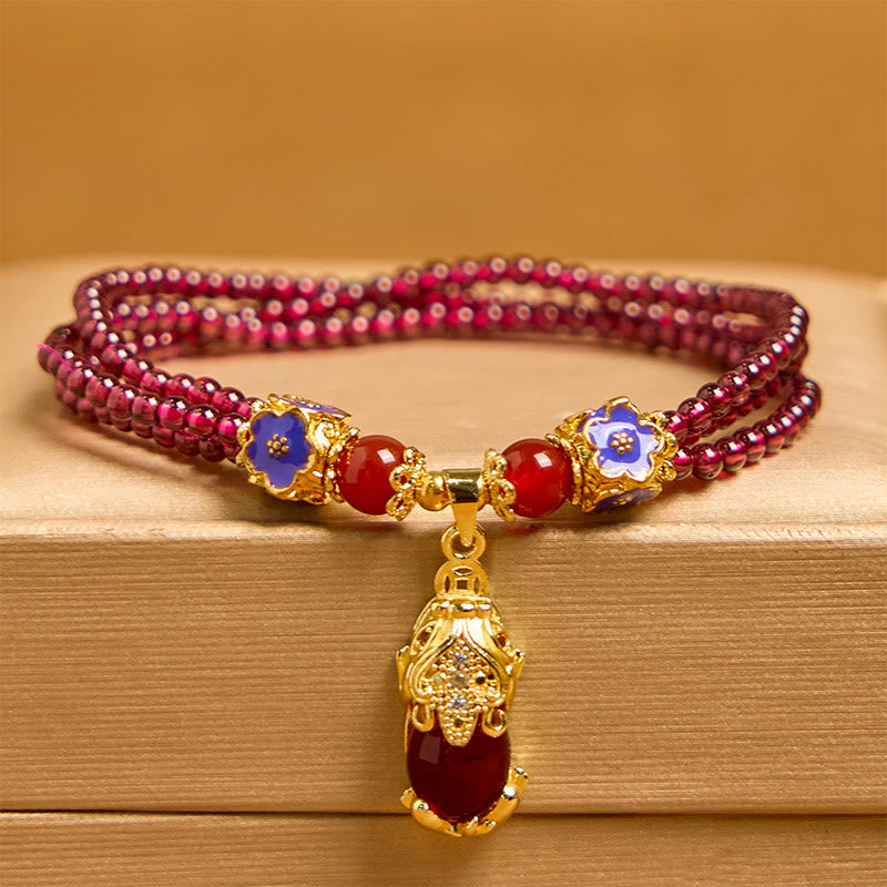 Buddha Stones Natural 3mm Garnet Beads PiXiu Flower Purification Multilayer Bracelet - image 1