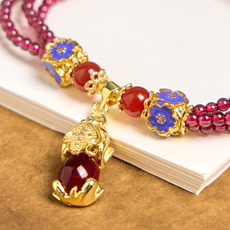 Buddha Stones Natural 3mm Garnet Beads PiXiu Flower Purification Multilayer Bracelet - image 4