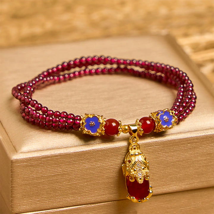 Buddha Stones Natural 3mm Garnet Beads PiXiu Flower Purification Multilayer Bracelet - Garnet(Wrist Circumference 14-16cm) - image 0