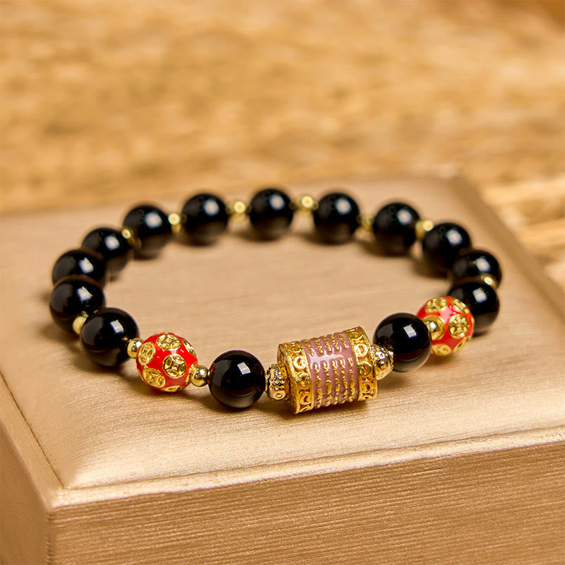 Buddha Stones Natural Black Onyx Five Scripture Copper Coins Fortune Bracelet - Black Onyx(Wrist Circumference 14-16cm) - image 0