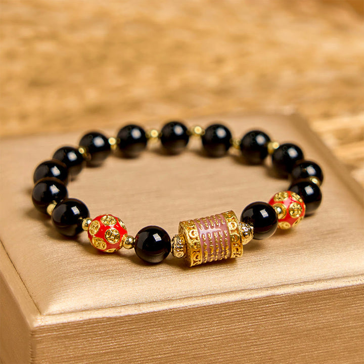 Buddha Stones Natural Black Onyx Five Scripture Copper Coins Fortune Bracelet - Black Onyx(Wrist Circumference 14-16cm) - image 0