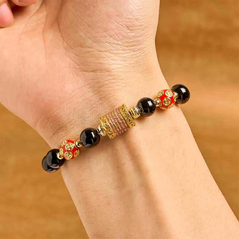 Buddha Stones Natural Black Onyx Five Scripture Copper Coins Fortune Bracelet - image 2