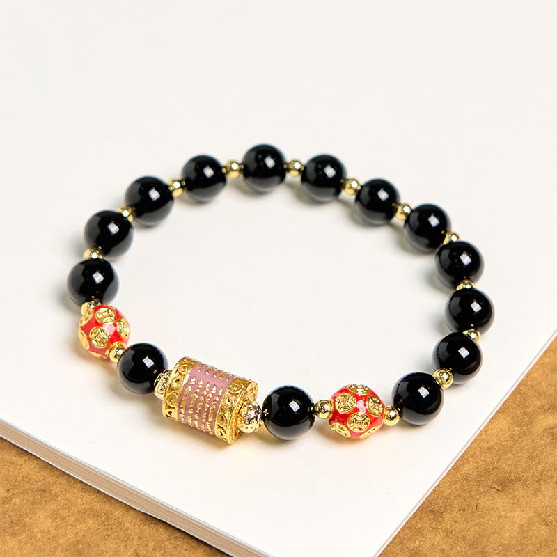 Buddha Stones Natural Black Onyx Five Scripture Copper Coins Fortune Bracelet - image 3