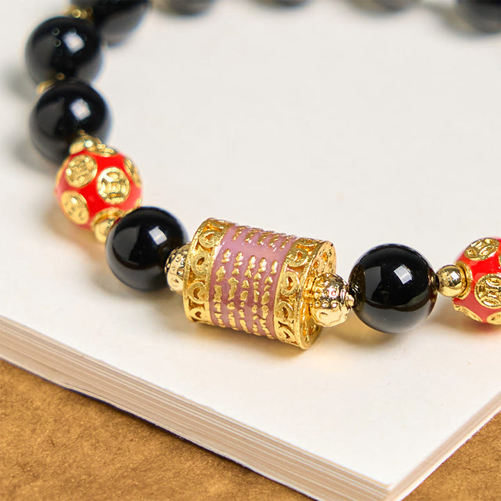 Buddha Stones Natural Black Onyx Five Scripture Copper Coins Fortune Bracelet - image 4