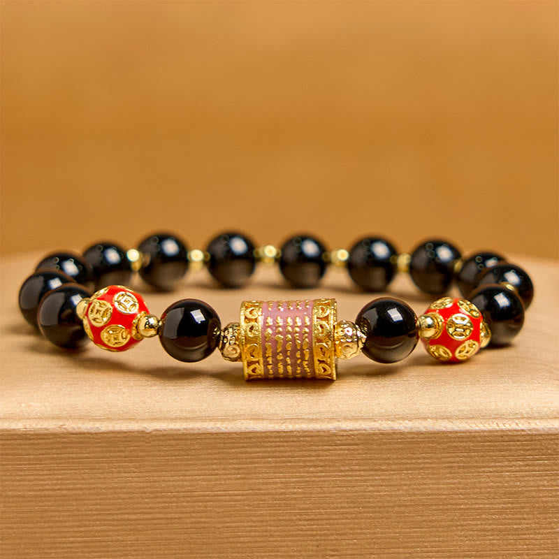 Buddha Stones Natural Black Onyx Five Scripture Copper Coins Fortune Bracelet - image 1