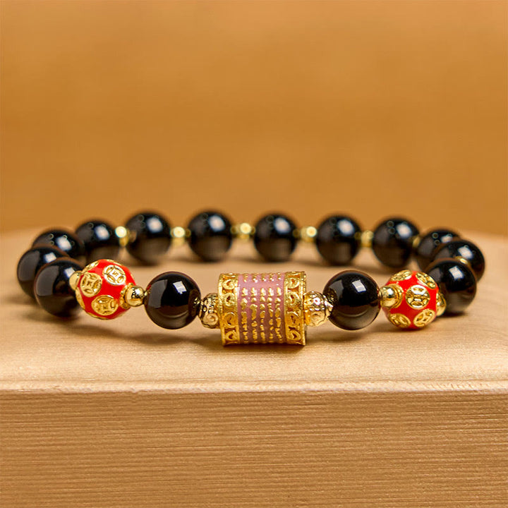 Buddha Stones Natural Black Onyx Five Scripture Copper Coins Fortune Bracelet - image 1
