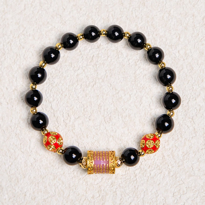Buddha Stones Natural Black Onyx Five Scripture Copper Coins Fortune Bracelet - image 5