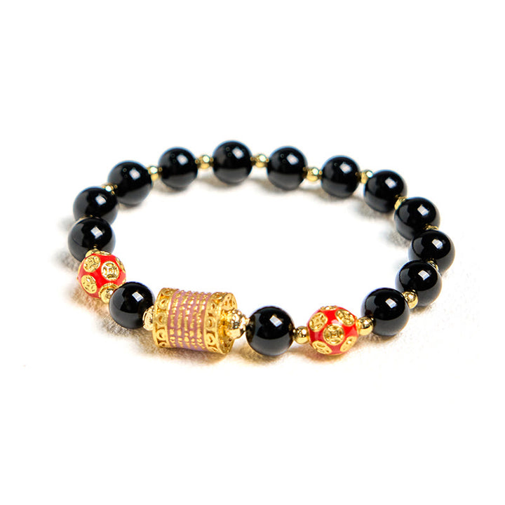 Buddha Stones Natural Black Onyx Five Scripture Copper Coins Fortune Bracelet - image 6